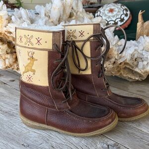 handmade Canadian mukluk moccasin boots. Sheepskin lined leather, deer design.